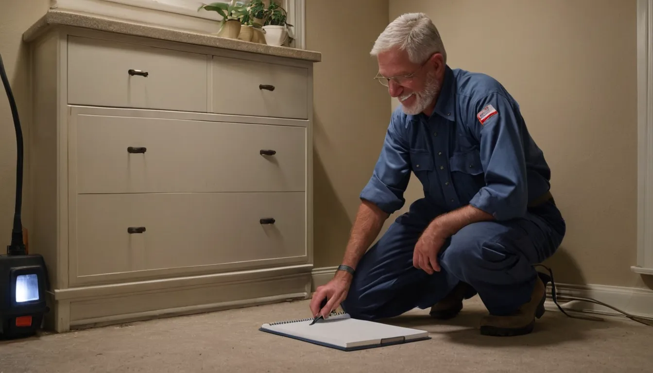 A local pest control provider inspecting a basement wall with a flashlight in a Rochester home